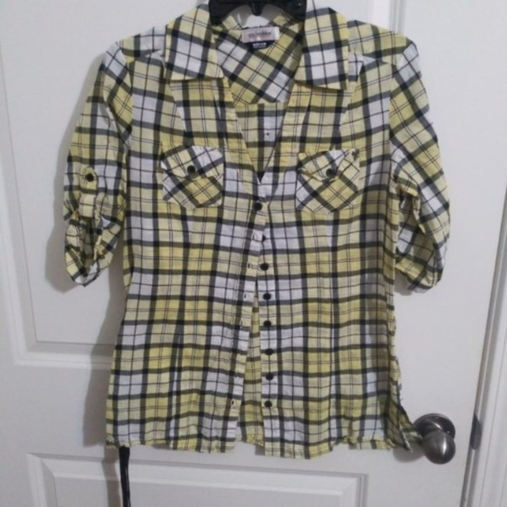 plaid 3/4 sleeve button shirt yellow